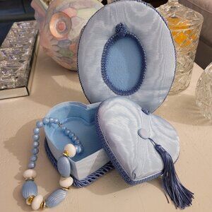 Heart Shaped Trinket Jewelry Box with Picture Frame made in Blue Moray Fabric